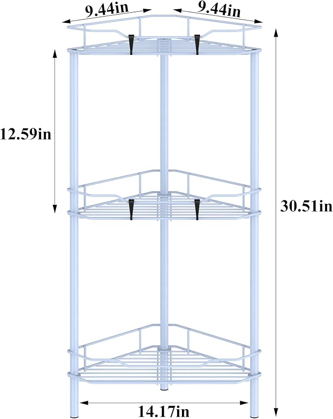 Metal Floor Standing Corner Shower Caddy, Blue, 3 Tier | Adhesive Bathroom Organizer Shelves, Free Standing Shower Rack with Hooks, Hold Large Shampoo Bottles