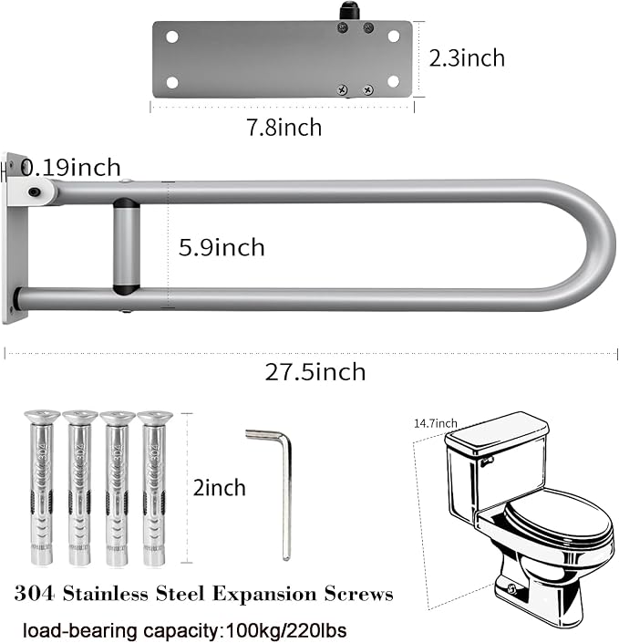 28 Inch Toilet Grab Bar Flip Up Aluminum Handicap Rails Grab Bars Load Capacity of 100 kg 220 lbs Toilet Rail Bathroom U Shaped and Wall Mount Safety for Pregnant Injured Patients 28 in Silver