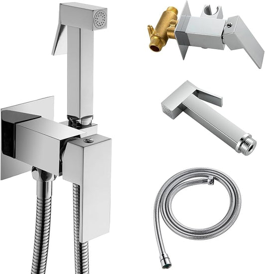 Warm Water Bidet Sprayer for Toilet with Hot and Cold Brass Rough-in Valve, Stainless Steel Handheld Bidet Attachment Set for Feminine, Pets and Baby Diaper Wash, Chrome Polished, BDS08-1
