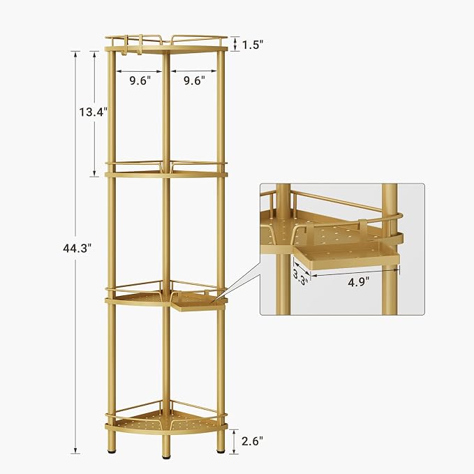 ELYKEN Corner Shower Caddy Standing, 4 Tier Metal Shower Organizer, Gold | Stainless Steel Shower Shelves with Soap Holder, Adjustable Feet & 2 Hooks for Storing Bath Essentials in Bathroom corner