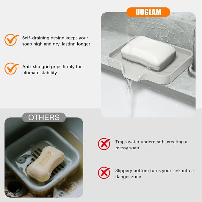 2 Pack Silicone Soap Dish, Self Draining Soap Dish Black&Beige | Non Slip Bar Soap and Sponge Holder for Bathroom Kitchen Sink Counter Organizer Easy to Clean Soap Tray Waterfall Soap Saver