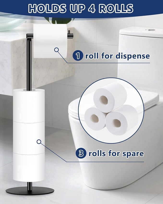Toilet Paper Holder Stand, Bathroom Toilet Paper Stand with Shelf, Free Standing Toilet Paper Roll Storage Holder for 4 Rolls, Black, Naturous