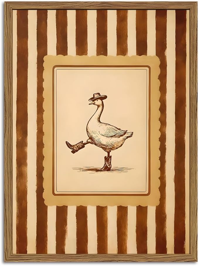 Funny Cowboy Goose Wall Art Silly Western Dancing Goose Wall Decor Painting, Whimsical Cute Stripe Animal Poster Canvas Print Picture for Living Room Bedroom 16x24 inch Wood Framed