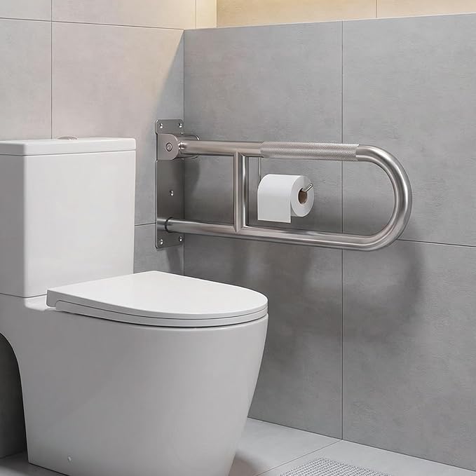 30'' Flip-Up Toliet Grab Bar with Paper Holder, Anti-Slip Knurled Grip | Stainless Steel U-shaped Wall Mounted Toilet Safety Rail, Designed for Seniors, Disabled & Post-surgery Bathroom Assistance