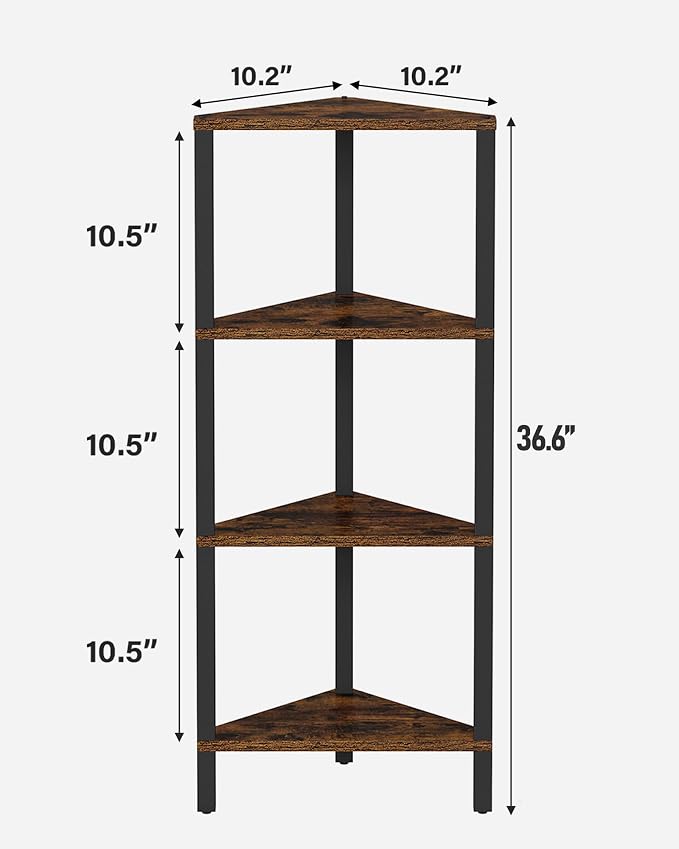 TUTOTAK Corner Shelf, 4-Tier Corner Bookshelf for Small Space | Narrow Display Corner Shelf Stand with Storage Rack, for Living Room, Bedroom, Rustic Brown BS05BB004