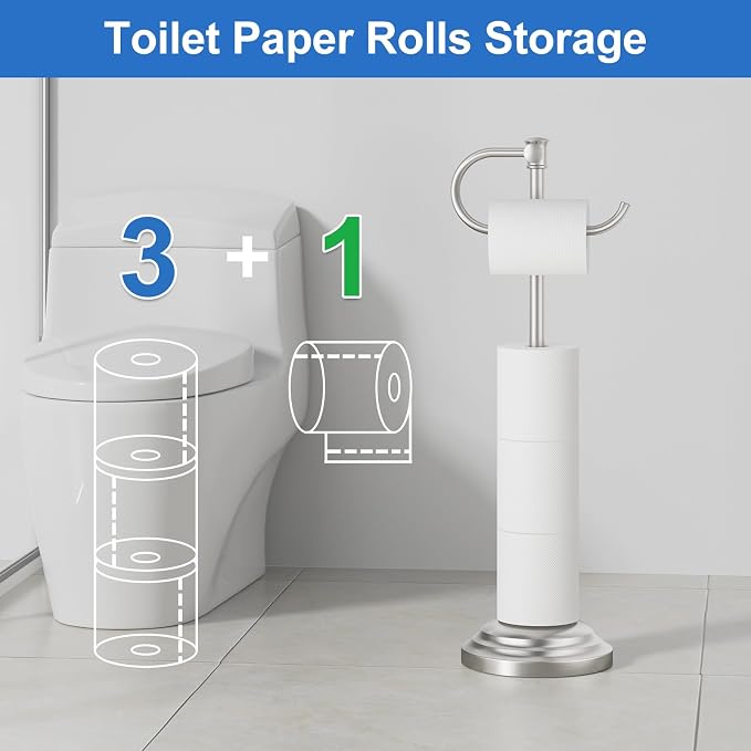 RUMOSE Toilet Paper Holder Stand for Floor Free Standing, Nickel | Bathroom Freestanding Toilet Tissue Roll Holder with Storage, Adjustable 17-25 Inch, Rustproof, SUS304 Stainless Steel