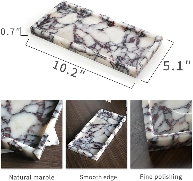 100% Natural Marble Tray, 10"x5" Calaccata Viola Vanity Tray | Luxury Marble Decorative Tray, Small Hand Towel Tray Holder Organizer, Hand-Polished, Easy to Clean, Natural Stone Tray