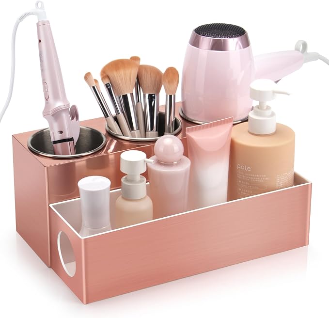 GFWARE Hot Hair Styling Tool Organizer with 3 Stainless Steel Cups, Pink | Bathroom Vanity Organizer Storage, Hair Accessories Tools Organizer Hair Dryer, Blow Dryer, Curling Iron, Flat Iron