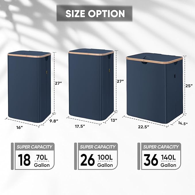 BALEINE Laundry Hamper with Lid, Tall Laundry Baskets with Bamboo Pull Handles, Large Laundry Bin with Internal Support (36 Gal/140L, Blue)