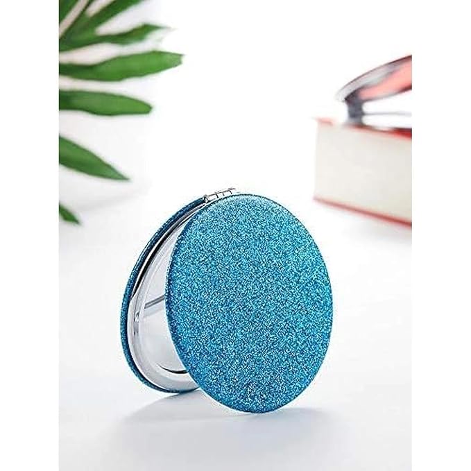 OMIRO 1X/10X Compact Magnifying Mirror for Travel, 2.8 in | Travel Mirror with Magnification, Mini Mirror for Purse, Dual-Sided Flip, PU Leather, Round (Blue)