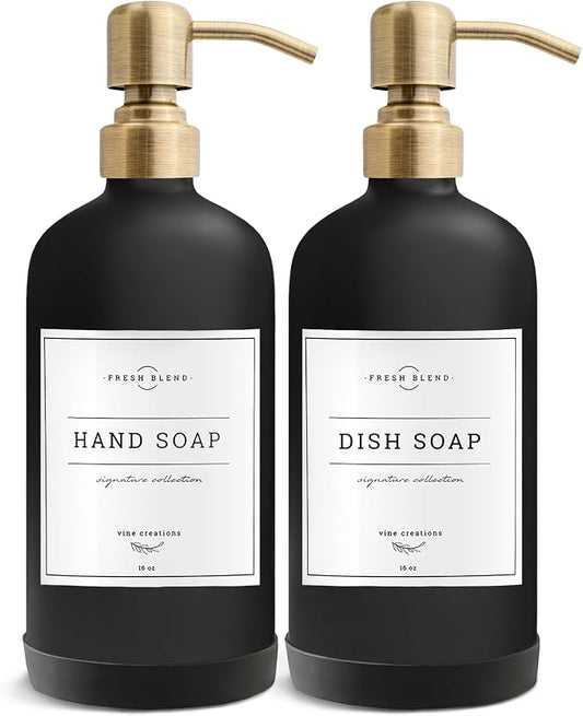 Vine Creations Black Glass Soap Dispenser, 2 Pack Kitchen Soap Dispenser Set with Stainless Steel Pump, 16 oz Dish Soap and Hand Soap Dispensers for Bathroom with Waterproof Labels