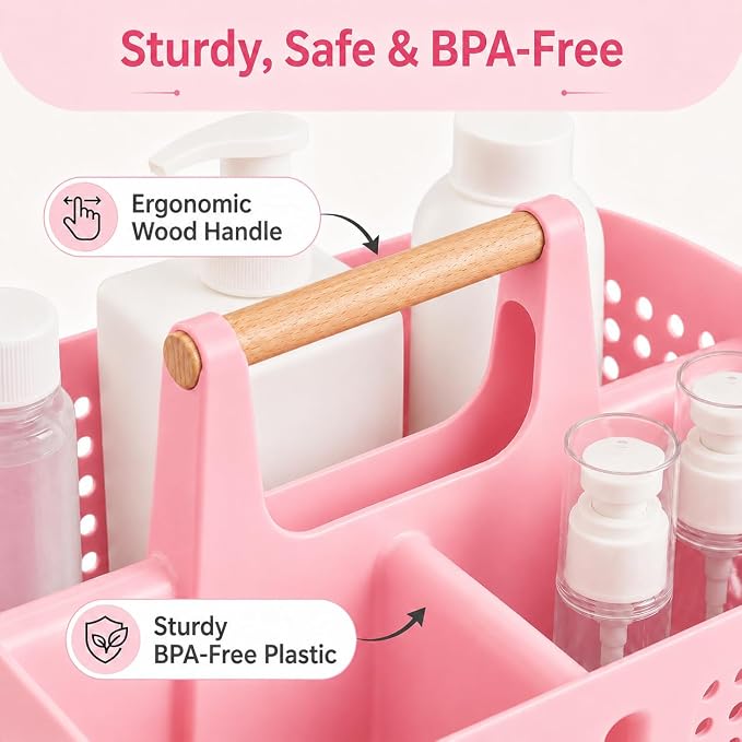 Portable Shower Caddy Basket with 3 Compartments and Handle, Caddy Pink | Plastic Divided Beauty Caddy Organizer for Makeup, Skincare, Hair Products, Nail Supplies, Vanities and Dorm Rooms