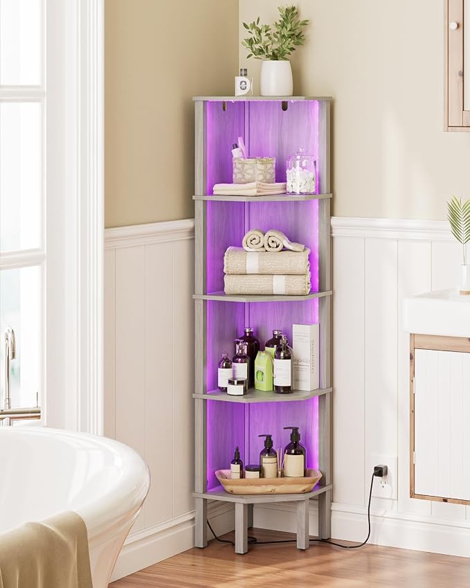 Corner Shelf Stand, 5 Tier Corner Bookshelf,Corner Furniture for Bedroom Display Corner Shelf for Small Space,Wood Shelves with Storage Rack for Living Room,Office,Gray