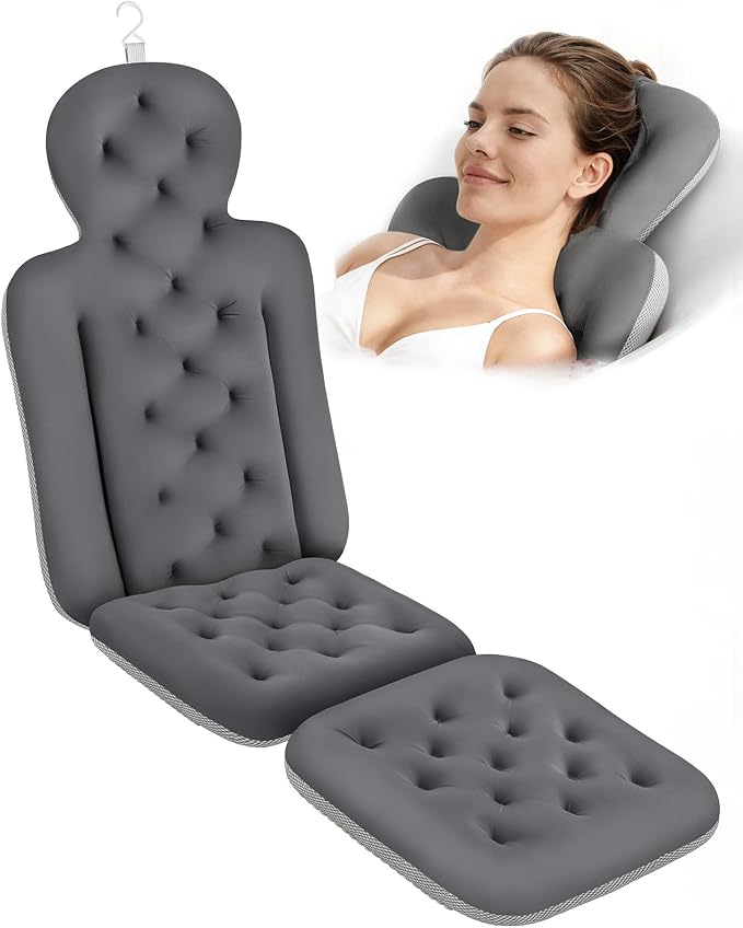 Bath Cushion, Full Body Bathtub Pillow with 160 Suction Cups, Bath Mat for Head and Neck Support, with Laundry Bag (Dark Gray, 56" x 16")