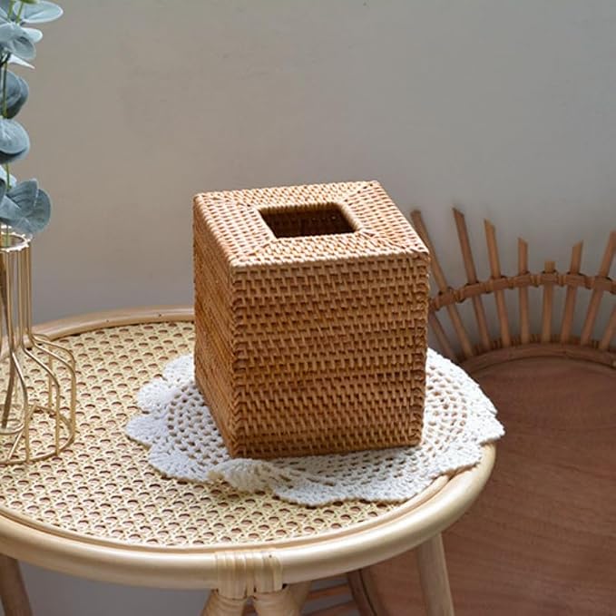 2 Pack Rattan Tissue Box Cover Square, Wicker Tissue Box Holder, Decorative Woven Facial Tissue Holder for Bathroom, Kitchen, Living Room, Bedroom (5.5 x 5.5 x 5.7 inch, Natural)