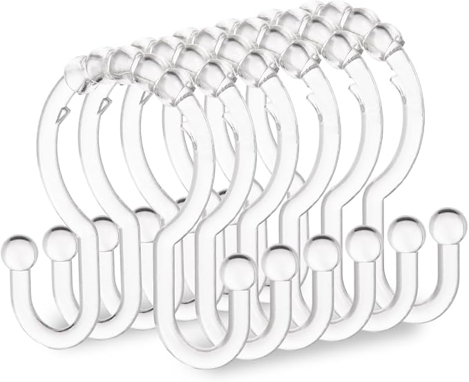 Resze Plastic Shower Curtain Hooks, 12 Pcs Clear Shower Curtain Rings Set | Glide Roller Shower Hooks, Rust Proof Anti-Drop Shower Rings, Smooth Sliding Double Hooks for Bathroom Shower Rods Curtains