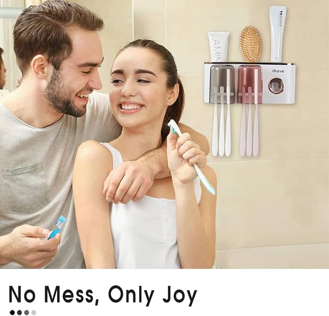 iHave Toothbrush Holders for Bathrooms Wall Mounted with Dispenser & 2 Cups | 6 Slots Wall Mount Toothbrush Holders for Bathrooms with Squeeze Toothpaste Dispenser, 2 Cups & 2 Compartments Organizer