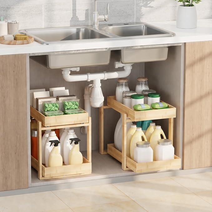 APRTAT 2 Pack Bamboo Under Sink Organizer, 2-Tier Pull Out Storage Drawers | Smooth pull-out drawers keep cleaners and tall bottles visible, organized and easy to reach in kitchen or bathroom cabinets