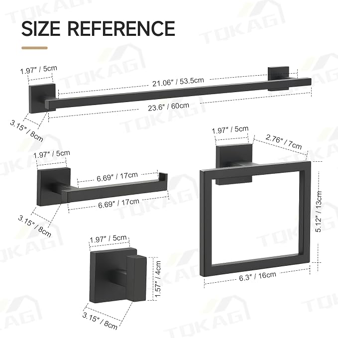 TQKAG 5-Piece Towel Bar Set, 23.6 Inch Bathroom Hardware Set, Matte Black | SUS304 Stainless Steel, Towel Rack for Bathroom, Classic Toilet Paper Holder Wall Mount, Matte Black Bathroom Accessories