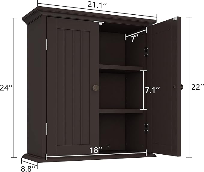 ChooChoo Bathroom Wall Cabinet with 2 Doors, Over The Toilet | 8.8"D x 21.1"W x 24"H, Medicine Cabinet, Adjustable Shelves, Cupboard, Espresso