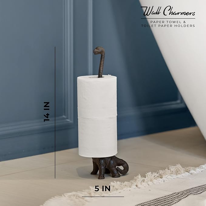 Rustic Paper Towel Holder, Metal Toilet or Kitchen Paper Holder for Floor or Countertop, Rustic Dino | 18.6 inch tall rustic bronsze cast iron hand towel holder for kitchen countertop or bathroom with weighted base, no assembly