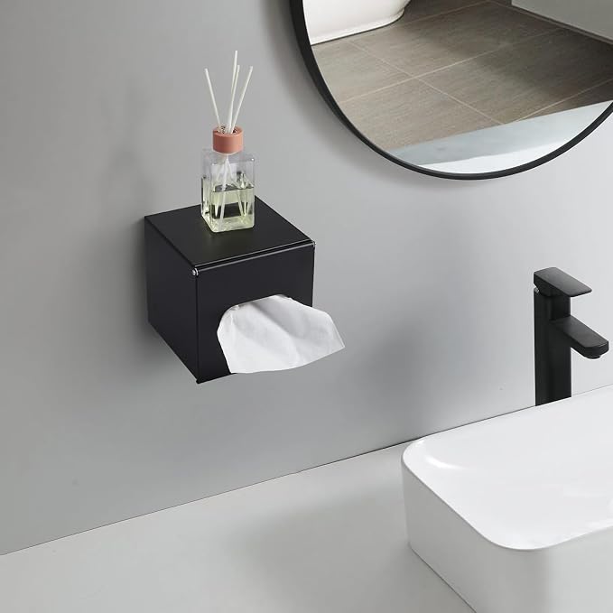 JunSun Square Tissue Box Cover Tissue Box Holder Napkin Holder Tissue Cube Box Decorative Holder for Bathroom Bedroom Office Dresser Nightstand Desk Tabletop 5"X 5" X 5"-Stainless Steel Matte Black