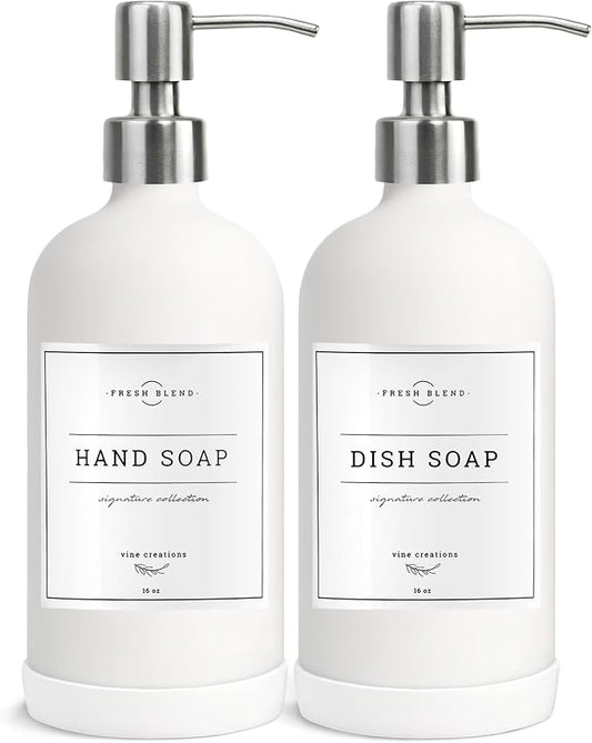 Vine Creations White Glass Soap Dispenser, 2 Pack Kitchen Soap Dispenser Set with Stainless Steel Pump, 16 oz Dish Soap and Hand Soap Dispensers for Bathroom with Waterproof Labels