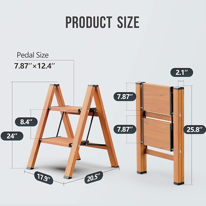 2 Step Foldable Step Stool, 300lbs Load, Wood Grain | Folded 26''H x 3''T; Net 5.9 lbs; Non-Slip Feet: Wood/Tile/Carpet; Rigid Aluminum Steps; No Assembly; Ready From Box.