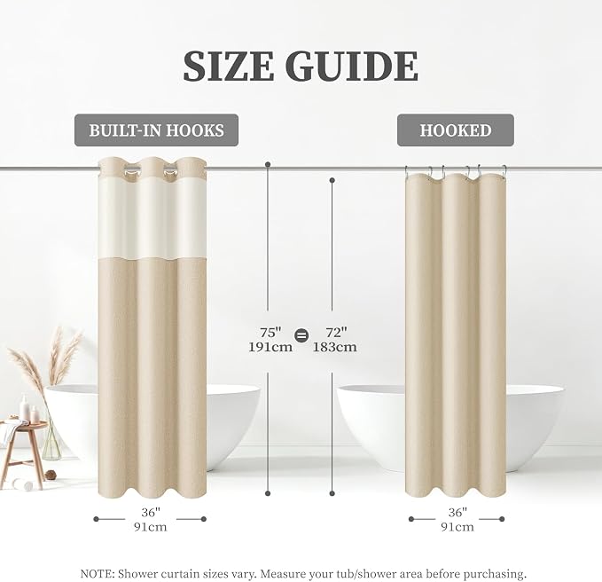 36x75 Ringless Linen Textured Shower Curtain with Snap in Liner, Cream | Half Size, 3 in 1 Shower Curtain Set, Removable Liner, Waterproof & Washable, Mesh Top Window, Durable Fabric, Easy Setup