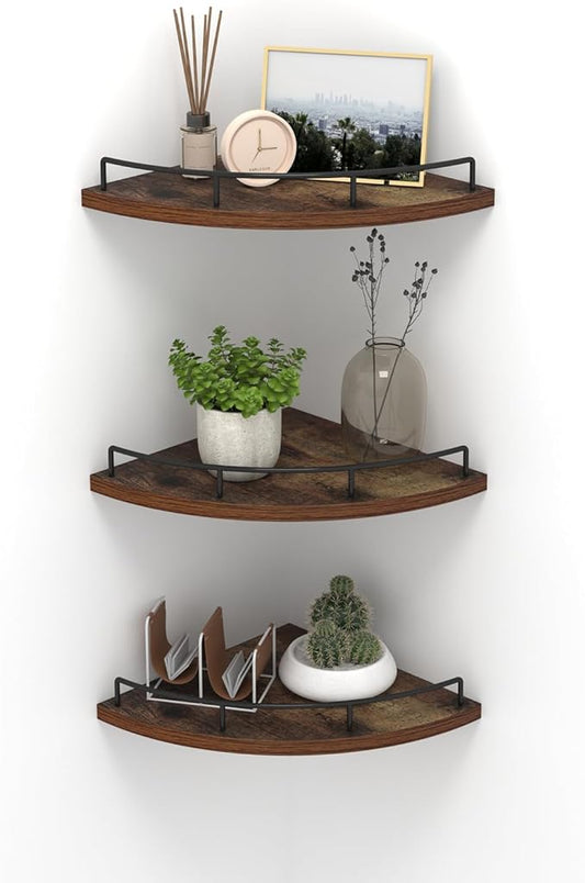 HORLIMER Floating Corner Shelf Wall Mount, Set of 3 Rustic Wood Corner Wall Shelves with Fence for Bedroom, Living Room, Bathroom, Kitchen, Brown