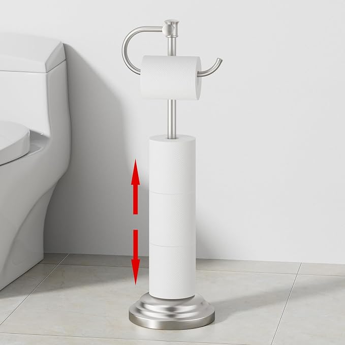 RUMOSE Toilet Paper Holder Stand for Floor Free Standing, Nickel | Bathroom Freestanding Toilet Tissue Roll Holder with Storage, Adjustable 17-25 Inch, Rustproof, SUS304 Stainless Steel