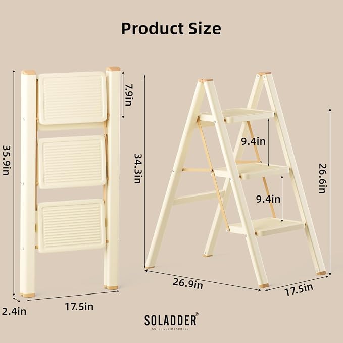 3 Step Ladder, Folding Step Stool, Cream Chocolate | Wide Anti-Slip Steps and a Foldable, Space-Saving Design for Adults to Use in Kitchens, Closets, Library,300 lbs