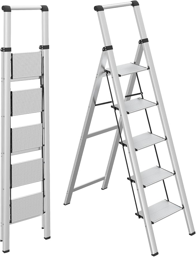HBTower 5 Step Ladder, Lightweight Aluminum Folding Step Stool | Anti-Slip Wide Pedal, 330lbs Capacity Step Ladder for Household Kitchen Office, Light Silver