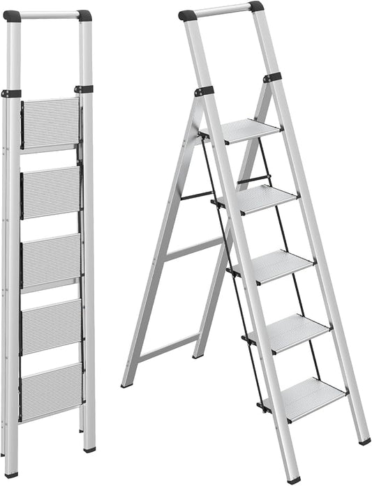 HBTower 5 Step Ladder, Lightweight Aluminum Folding Step Stool | Anti-Slip Wide Pedal, 330lbs Capacity Step Ladder for Household Kitchen Office, Light Silver