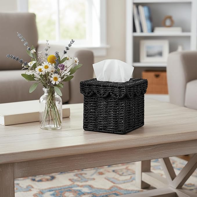 CubesLand Square Wicker Tissue Box Cover W/Scalloped Lid for Home Decor | Rustic Farmhouse Boho Facial Tissues Boxes Holder fits Bathroom Living Room Table Decor, Handwoven, Black