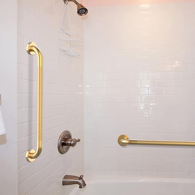 32 Inch Anti Slip Shower Grab Bars Gold, Munzong Bathroom Balance Bar | Shower Knurled Safety Bars Grab Handle Safety Hand Rail Support Handicap Elderly Injury Senior Assist Bath Handle