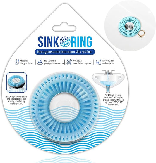 SinkRing Bathroom Sink Drain Protector & Strainer for Pop-Up Stoppers, Aqua | Easy snap-in design. Precision clog-free trap prevents loss of earrings, jewelry or contacts. Fits 1.37" - 1.57" stoppers.