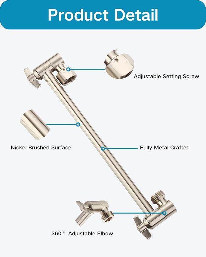 11 Inch Adjustable Shower Head Extension Arm With Locking Set Screw, Singing Rain 304 Stainless Steel Nickel Brushed Angle Height Adjustable, G1/2 Universal Connector Compatible (Nickel Brushed)