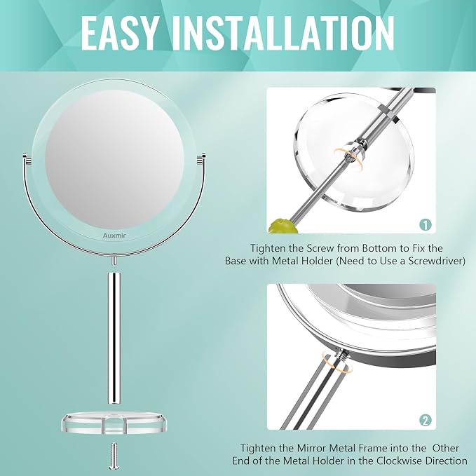 Auxmir 1X/30X Double-Sided Makeup Mirror, 6.7" Magnifying Mirror | 360°rotation, tweezers, vanity desk table stand travel, stainless steel and ABS construction, 30X magnification