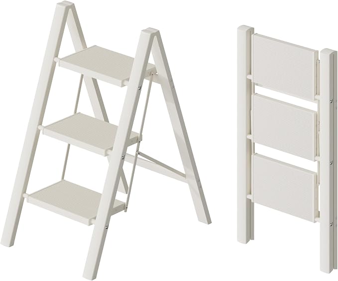 HillhutApex Aluminum Step Stool Foldable,3 Step Ladder (White) | Lightweight Portable step ladder with Anti-Slip Wide Pedal,330lbs Capacity Ladder for Household,Office,Kitchen