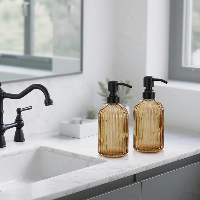 16 OZ Amber Glass Soap Dispenser, Amber Stripe Bathroom Hand Soap Dispensers with Stainless Steel Matte Black Pump,Brown Glass Kitchen Hand Soap Dispenser with Matte Black Pump