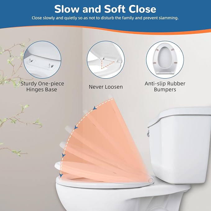 Universal Toilet Seat Elongated Soft-Close Cover, Oval Toilet Seat, White | One-Click Quick Release, Elongated Toilet Seat Replacement with Toilet Bolts/Bumpers, Compatible with TOTO, Gerber, Kohler