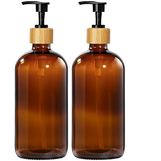 GMISUN Amber Glass Soap Dispenser, 2 Pack Bathroom Hand Soap Dispensers with Bamboo Pump, 17 Fl Oz Kitchen Hand and Dish Soap Dispenser Set, Modern Vintage Liquid Brown Soap Dispensers Bottle