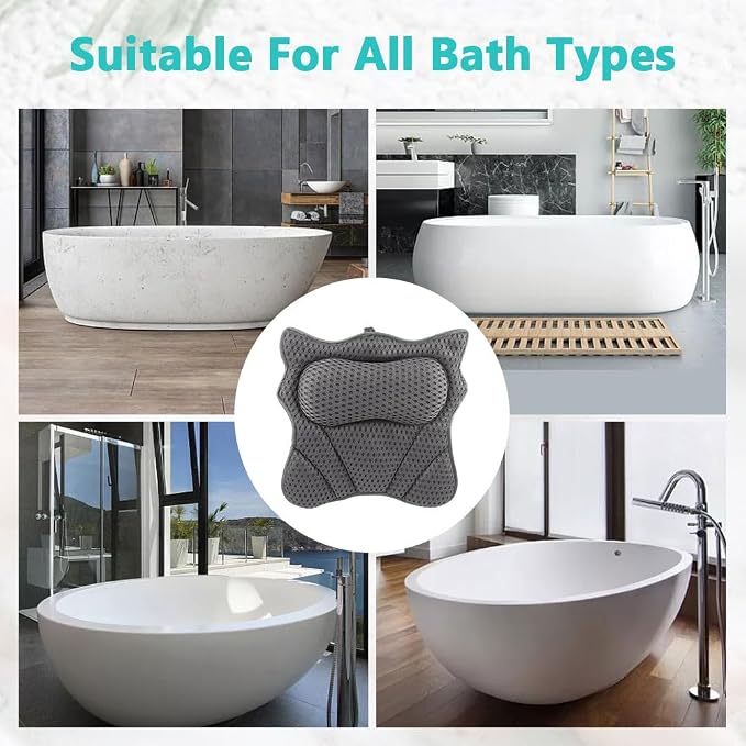 Bath Pillow,Ergonomic Bathtub Pillows for Tub Neck and Back Support,with 6 Powerful Suction Cups,Provide Shoulder and Back Relaxing,Bath Accessory,Fits All Types Bathtub(Grey)