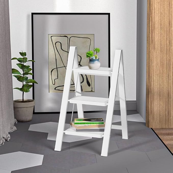 3 Step Ladder, Folding Step Stool, Lightweight Stepladder, White | Anti-Slip 7.9'' Wide Pedal;Space-Saving;For Kitchen, Home, Library, Office Use;300lbs Capacity