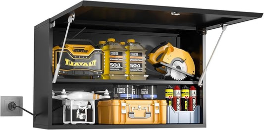 Garage Wall Cabinet, Metal Tool Cabinet with Lock&Adjustable Shelf | 20"H Wall Mounted Garage Storage Cabinets with Up-Flip Door, Black Steel Floating Locker for Basement, Workshop, Kitchen