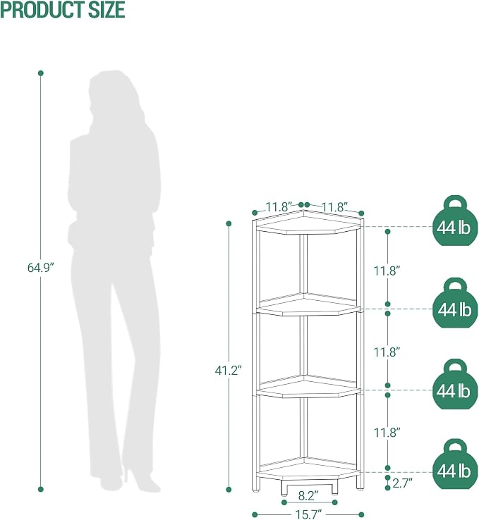 Hzuaneri Corner Shelf Stand 4-Tier Corner Bookshelf Storage Standing Shelf | Bookcase Plant Stand with Metal Frame for Living Room, Home Office, Bedroom, Black CS05806B