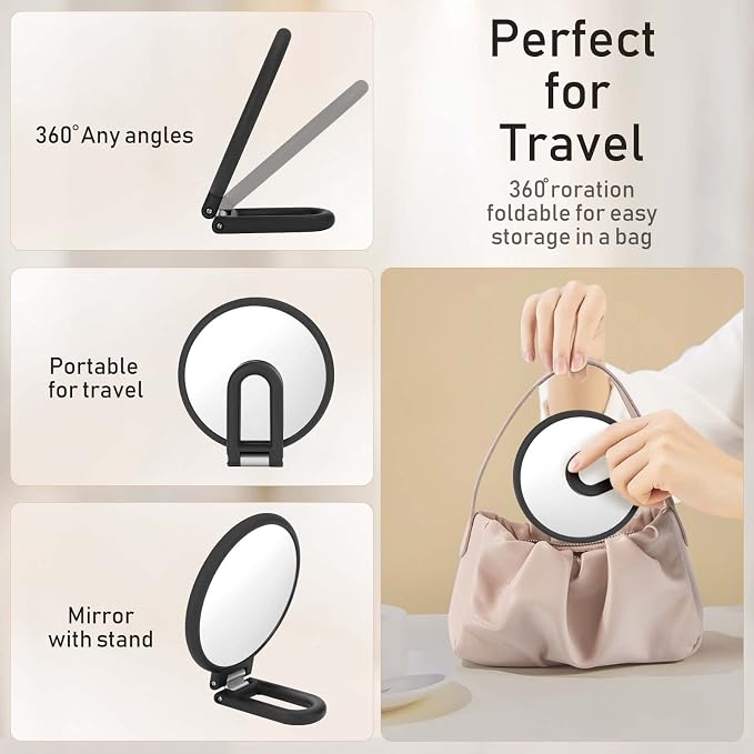 CLSEVXY Magnifying Handheld Mirror Double Sided, 1X 20X Magnification Hand Mirrors, Travel Folding Hand Held Mirror, 360°Rotation Pedestal Makeup Vanity Mirror