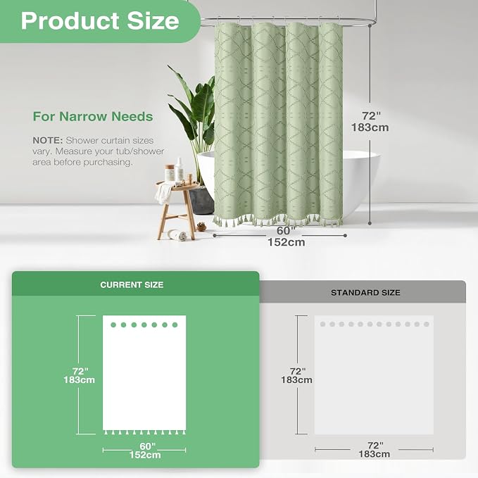Stall Boho Shower Curtain Tufted Geometric 60"x72" Sage Green | 60 Inch Wide, Elegant Tassel, Lightweight Textured Fabric, Water Repellent, Washable, for Narrow Bathroom/Dorm 10 Hooks
