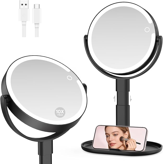 Rechargeable Lighted Makeup Mirror,10X Magnification, 7 Inch | 3 Adjustable Light Colors, Rechargeable Cordless Design, Adjustable Height, Storage Base with Phone Holder,Touch Control